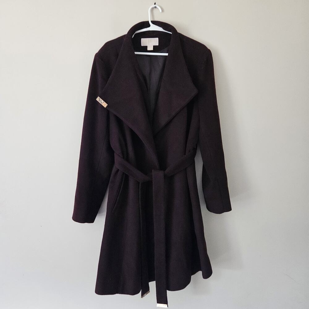 Michael Kors Maroon Wool Blend Belted Coat Womens Size Large Jacket Beautiful